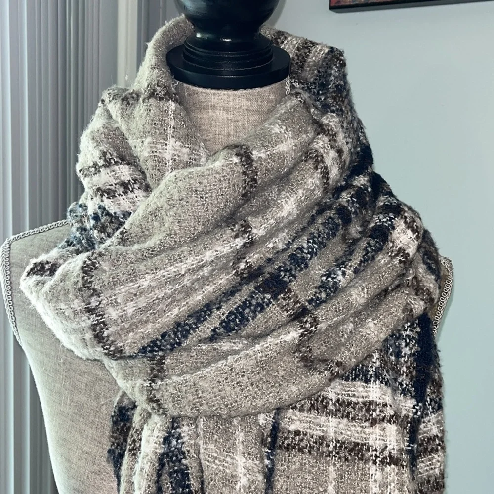 Long Scarf, Soft Scarf for Women, Plaid Brown Camel Color, Made of Viscose